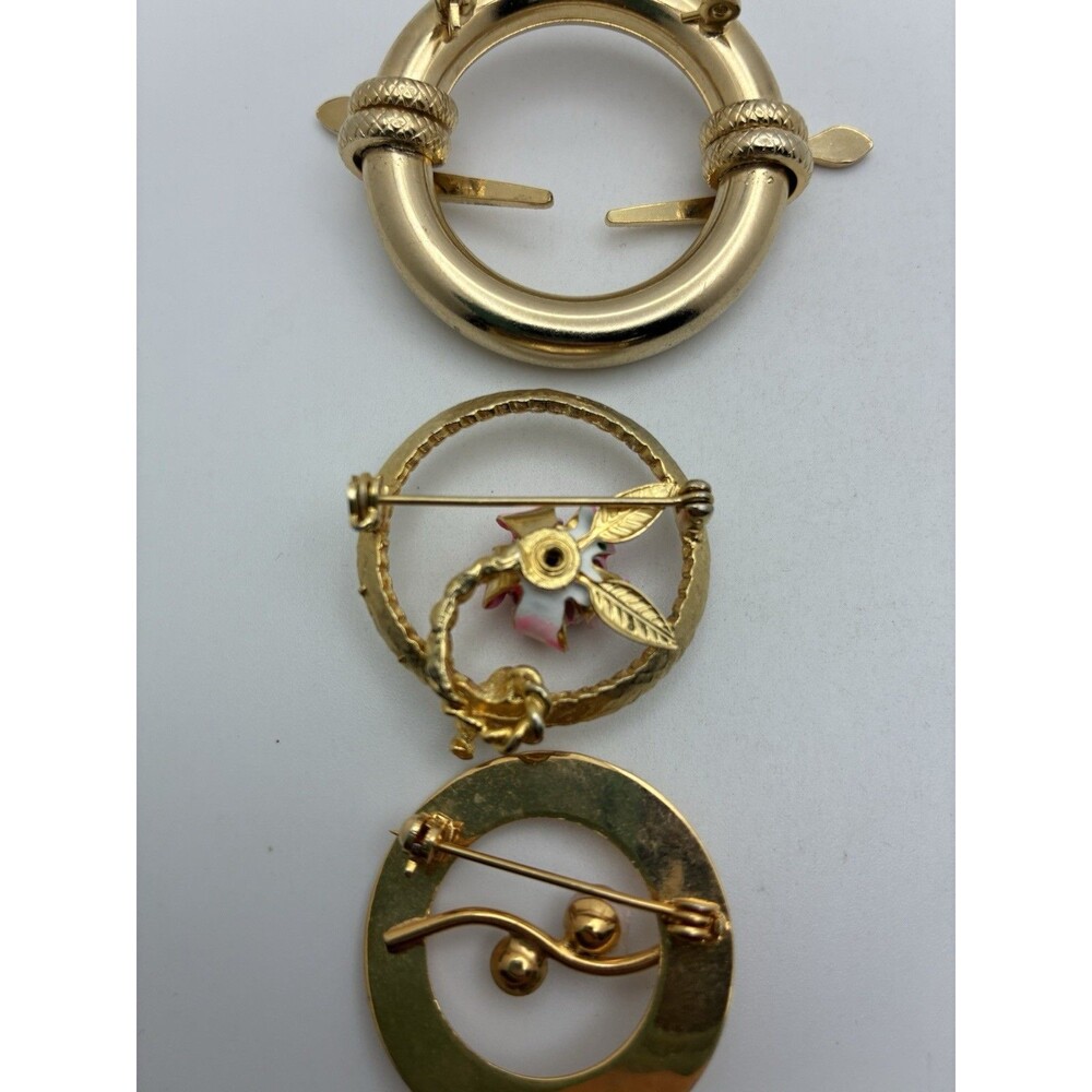 5 Brooch Lot Gold Tone Round Vintage Unsigned Snake Flower Pearl Leaf Wreath - Picture 10 of 14
